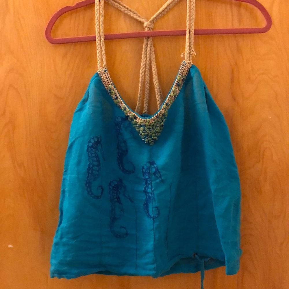 Free People blue Seahorse patterned & beaded tank